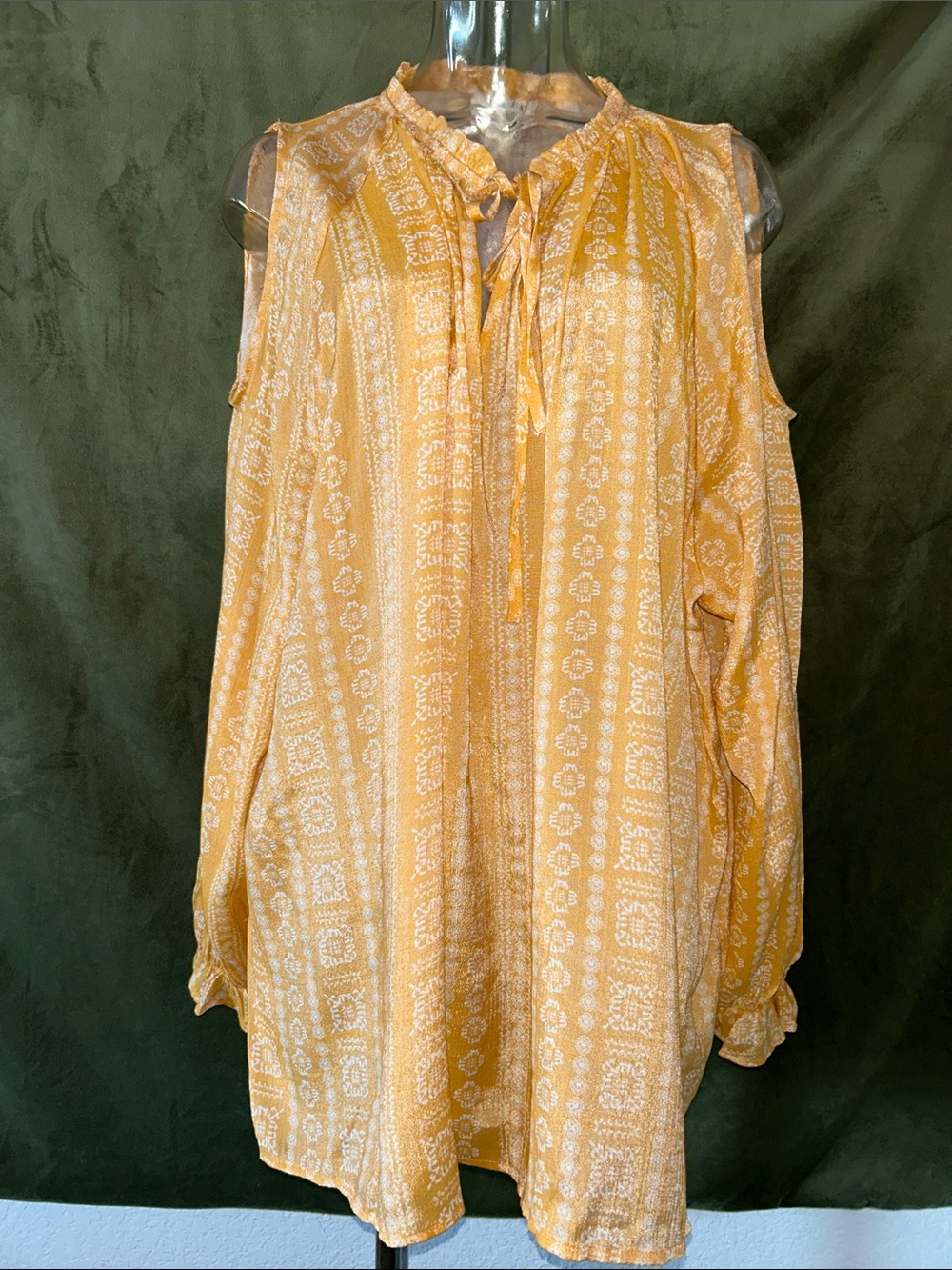 Cold-Shoulder Tie-Neck Tunic Top in Mustard Yellow